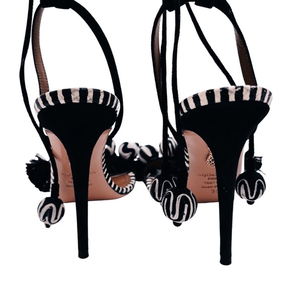 Aquazzura Tropicana Tassel 105mm Sling Back Sandal | Size 38 | Black White Gold - Picture 9 of 14